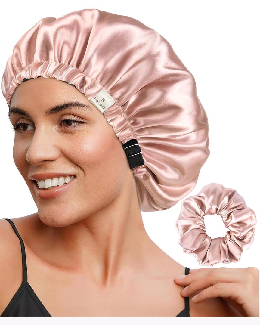 YANIBEST Adjustable Satin Bonnet Double Layer Hair Bonnet for Sleeping Bonnets for Women Hats Curly Natural Hair, Blush Pink (One Size)