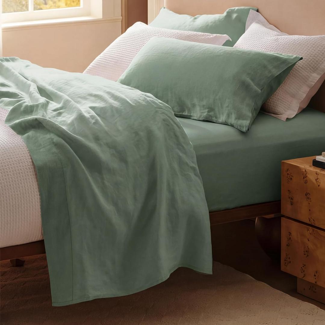 Bedsure King Size Bed Sheets - Cotton Linen Sheet Set, PureWoven Soft, Breathable & Anti-Pilling, Deep Pocket King Fitted Bedsheets Up to 16 Inches, 4 Pieces, Sage Green