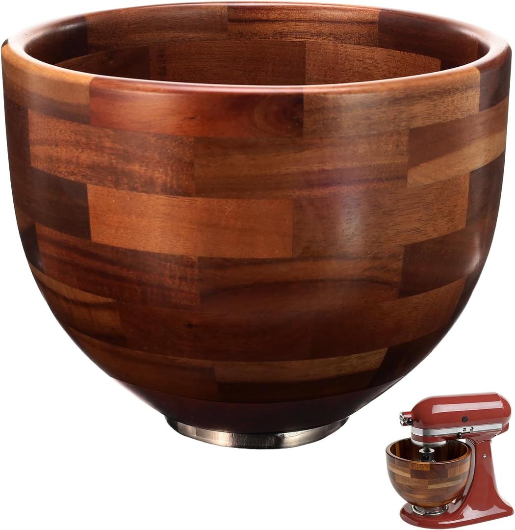 Wood Mixing Bowl for KitchenAid, 5QT Natural Acacia Wooden Bowl Compatible with KitchenAid 4.5&5 QT Tilt-Head Stand Mixer, with Stainless Steel Locking Base, for Baking & Mixing
