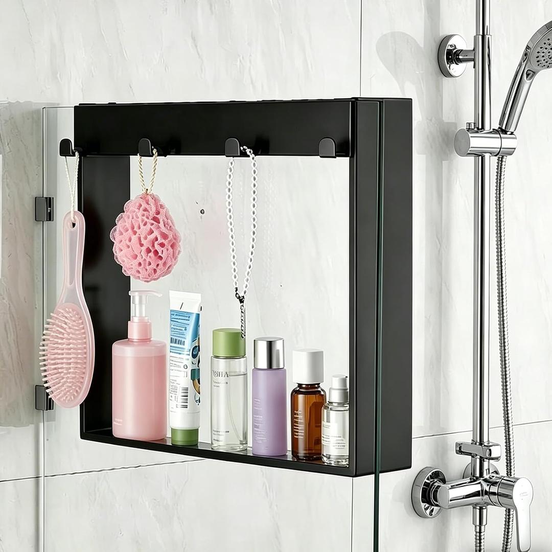 Hanging Shower Caddy for Glass | Over-The-Glass Shower Shelf, No-Drill, No-Rust | 20"x16" Matte Black 304 Stainless Steel | Bathroom Organizer for Shower Panels/Doors | Space-Saving & Sturdy (Black)