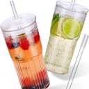 NiHome High Borosilicate Glass Tumbler Cup with Lid and Straw, 22oz Clear Iced Coffee Glass Cups Drinking Jars Glasses Smoothie Tea Cup with Straws, Wide Mouth Water Tumbler With Muffler Ring - 2 Pack