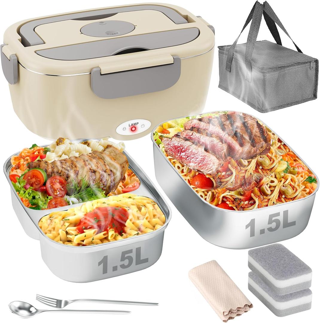 Electric Lunch Box for Men, Women & Adults - 80W Fast Heating - Heated Lunch Box with Dual 1.5L SS Containers - Portable Food Warmer for Car, Truck, Office (Cream)