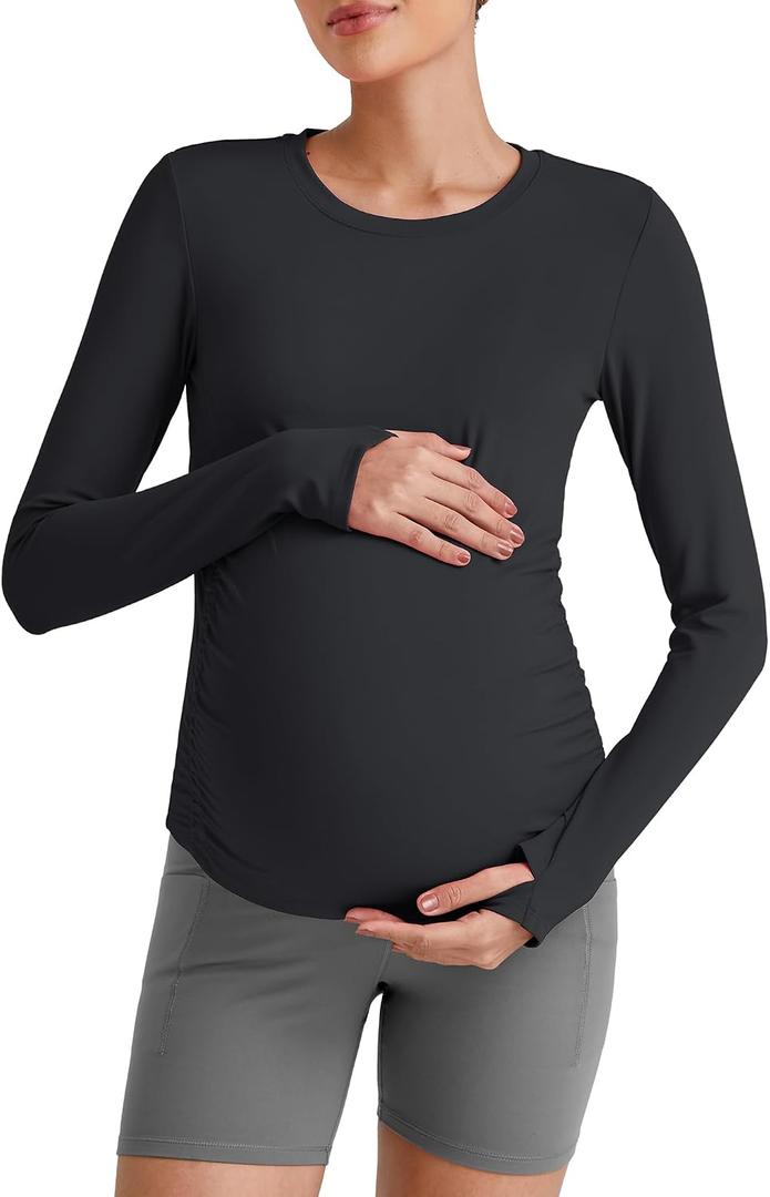 G4Free BareFeel Maternity Long Sleeve T Shirts Crewneck Ruches Pregnancy Workout Tops with Thumbholes Altheltic Yoga Tee, Size US 8