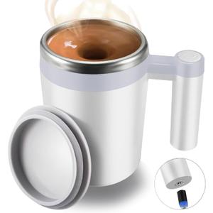 Self Stirring Mug, Rechargeable Auto Magnetic Coffee Mug with 2Pc Stir Bar, Waterproof Automatic Mixing Cup for Milk/Cocoa at Office/Kitchen/Travel 14oz Best Gift - White