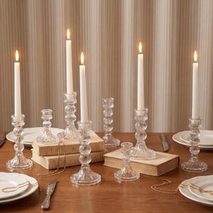 Mumufy 12 Pack Glass Taper Candle Holders Clear Candlestick Holder Fit 0.8 Inch Candles 4'' 6'' 8'' Tall Crystal Decorative Candlestick Stand Centerpiece for Table Wedding Dining Party (Vertical)