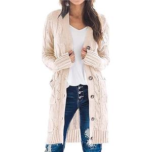 PRETTYGARDEN Long Sleeve Cable Knit Long Cardigan for Women 2025 Fall Winter Chunky Open Front Button Sweaters with Pockets. Size: XXL Color: Beige