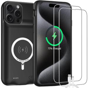 Battery Case for iPhone 15 Pro Max, 12000mAh High-Capacity Protective Rechargeable Extended Charger Cover Compatible with iPhone 15 Pro Max (6.7 inch) Wireless Charging Case Support Carplay - Black