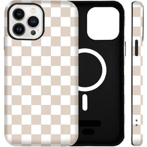 for iPhone 15 Pro Case Cute Checkered Phone Case Compatible with MagSafe, Dual-Layer Shock Protection(PC + Silicone) - Aesthetic Protective Phone Cover for Women Girl, Apricot