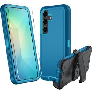 for Samsung Galaxy S25 Case, S25 Heavy Duty case, [Belt Clip Holster] [Glass Screen Protector] [Military Grade Protective ] [Shockproof] [Dropproof] [Dust-Proof] (with Belt Clip, Lake Blue)