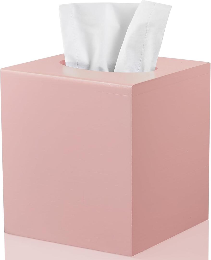 ALELION Pink Tissue Box Cover Square - Thick Wooden Tissue Box Holder for Night Stands Office Bedroom - Decorative Facial Cube Tissue Holder for Pink Kitchen Bathroom Decor and Accessories
