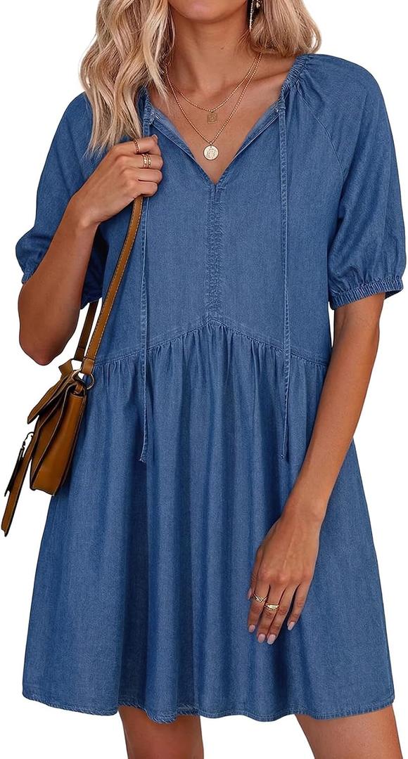 Dokotoo Denim Dress for Women Short Puff Sleeve V Neck Solid Babydoll Jean Dresses (Green, L)