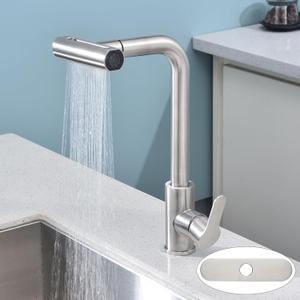 Kitchen Faucet with Pull Down Sprayer SUS304 Stainless Steel Waterfall Kitchen Sink Faucet 4 Functions Brushed Nickel Pull Out Kitchen Sink Faucets Utility Rv for 1 or 3 Hole Sink, KF2-BN
