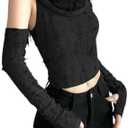 YISHATIER Women Off Shoulder Hooded Top - Ripped Crop & Long Sleeve Y2K Tees With Detachable Sleeves S