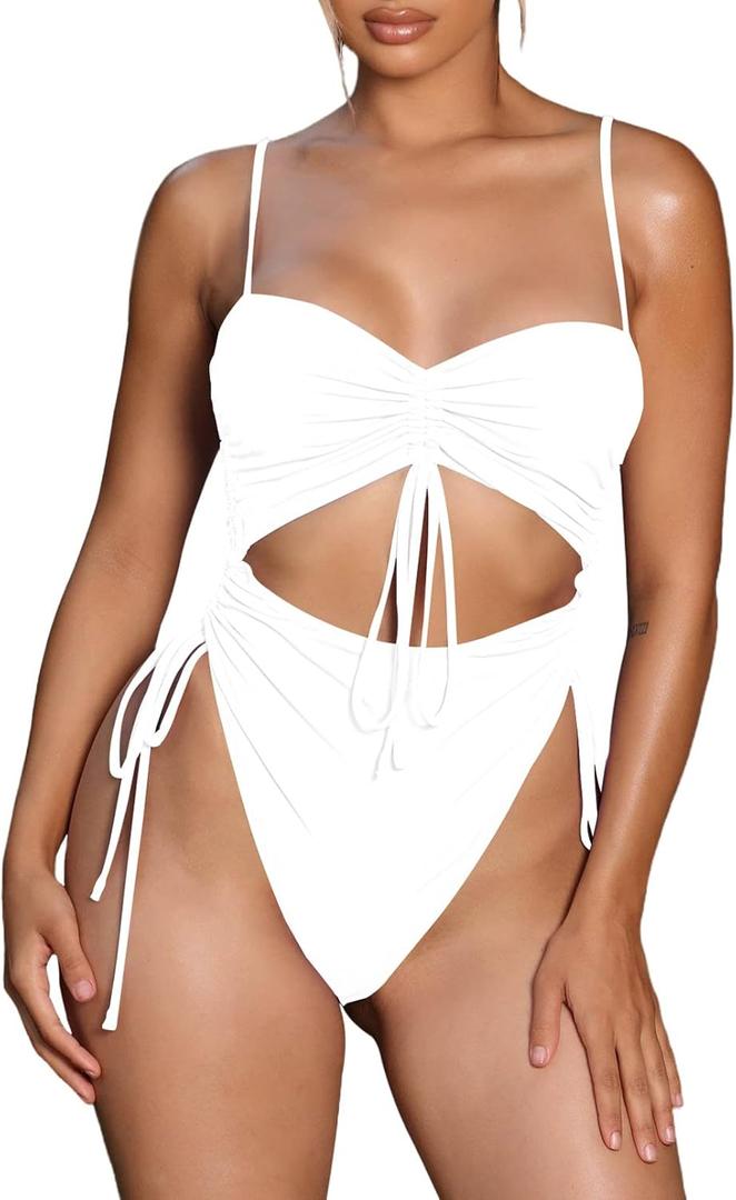 Viottiset Women's Cut Out Drawstring One Piece Swimsuit Cheeky High Cut Bathing Suit (White), Small