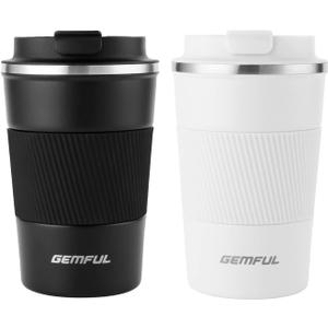 GEMFUL 13oz Travel Coffee Mugs, Insulated Stainless Steel Set (2 Pack) | Double-wall Vacuum Insulation, 380ml, Leak-proof Lids, Bpa-free, for Couple/friends, Hot/cold For Commute/Office, Easy Clean