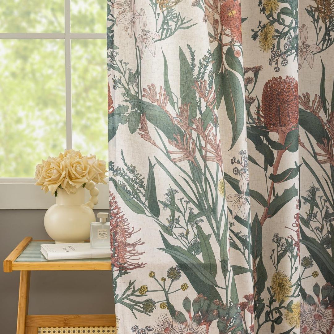 Linen Botanical Curtains 63 Inch Length Pair Whimsical Protea Flower Garden Curtains Retro Farmhouse Light Filtering Window Curtain Panels for Dining Room Country Cottage Home Decor 50" W x 63" L (Brick Red)