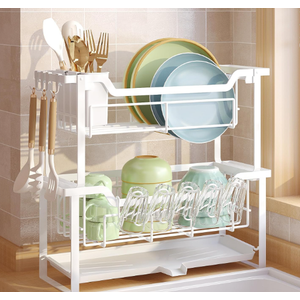 KOSIWU Dish Rack with Drainboard, Organizes Dishes and Bathroom Items for Narrow Spaces, TwoStory Drying Rack Fits 12 Plates 12 Bows 5 Glasses 4 Hooks and Some Cutlery, White