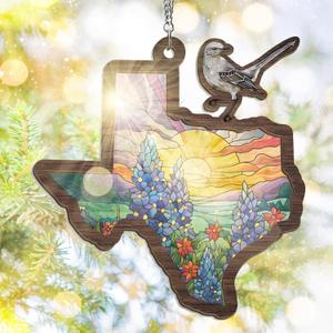 FLAGWIX Texas Gifts for Women Men - Double Layered Suncatcher Hanging Decorations 6 in - Christmas Decorations Indoor, Texas Sun Catchers for Home Decor, Mockingbird Bluebonnet Suncatchers (Large)