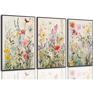 KISSFOX 3 Piece Watercolor Wildflower Botanical Framed Wall Art Colorful Floral Canvas Art Prints Boho Flower Pictures Wall Decor Modern Minimalism Paintings Artwork Girls Bedroom Living Room Bathroom (16"x24" Black Framed)
