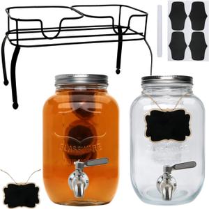 Accguan 1-Gallon Drink Dispenser,Glass Water Dispenser with Tin Lid and Stainless steel faucet,Black Iron Frame,Mason Drink Dispenser for Parties, Picnics, Barbecues and Daily,2 pack (Silver)