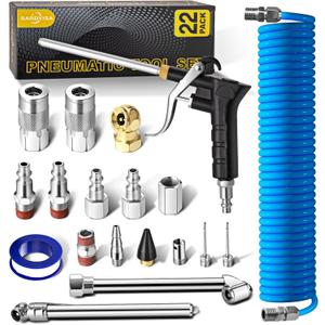 22-Packs Air Compressor Accessories Kit, 25FT Upgrade Repairable PU Air Hose with 1/4'' NPT Air Tool Kit, Air Blow Gun/Air Chuck/Tire Gauge, Pneumatic Tool Set