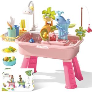Sand and Water Table Toy for Toddlers, 22 Piece Toy Accessories, 4L Large Capacity Basin, Fishing Game/Kitchen Sink Toys, Perfect Summer Gift for Kids Ages 3-8 (Pink)