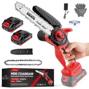 Mini Chainsaw Cordless 8 Inch, Portable Electric Chainsaw with Batteries, Small Handheld Battery Powered Chain Saw for Tree Trimming, Wood Cutting, Garden Pruning - Light Red