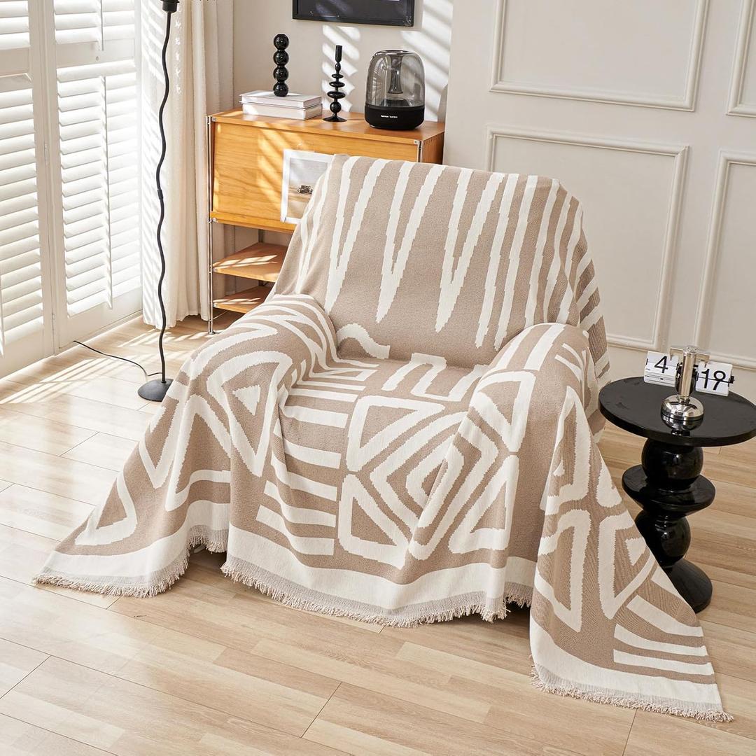 VClife Couch Chair Cover Non Slip Armchair Cover for Dog Bohemian Beige White Geometric Pattern Chair Covers for Living Room Bedroom 1 Piece Chenille Recliner Chair Covers 71"x71"