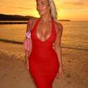 Women's Sexy V Neck Tie Halter Mesh Ruffle Hem Ruched Bodycon Cocktail Party Maxi Dresses (Red, M)