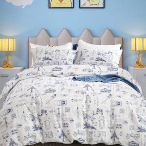 CLOTHKNOW Kids Twin Comforter Sets 3Pcs Cartoon Vehicle Bedding Comforter Sets Blue White Comforter Boys Bedding Twin Tank Aircraft Pattern