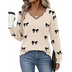 LaGracia Womens Fall V Neck Sweater 2026 Lightweight Casual Long Sleeve Ribbed Knit Pullover Sweaters Dressy Fall Outfits Apricot Bow Small