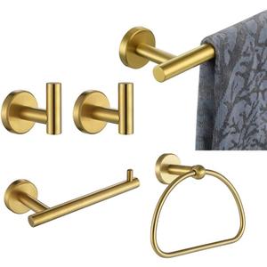 JQK Bathroom Hardware Set Gold, 5-Piece Bath Accessories Set Brushed Gold Wall Mount includes 24 in Towel Bar, 7 in Towel Ring, Toilet Paper Holder, 2 Towel Hooks, BAS165-BG