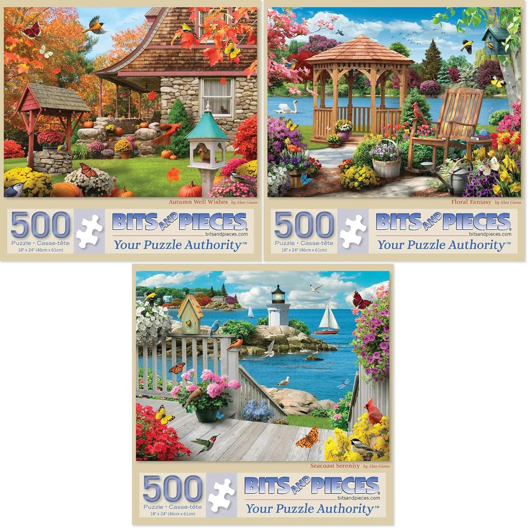 Bits and Pieces  Value Set of Three 500 Piece Jigsaw Puzzles for Adults  Autumn Well Wishes, Seacost Serenity, Floral Fantasy Jigsaw Puzzles by Artist Alan Giana, Completed Puzzle Size: 18" x 24" Bits and Pieces  Value Set of Three 500 Piece Jigsaw Puzzles for Adults  Autumn Well Wishes, Seacost Serenity, Floral Fantasy Jigsaw Puzzles by Artist Alan Giana, Completed Puzzle Size: 18" x 24"