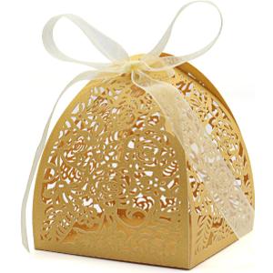 KPOSIYA Pack of 100 Laser Cut Rose Candy Boxes, Favor Boxes 2.5"x 2.5"x 3.1", Gift Boxes for Bridal Shower Anniverary Birthday Party Wedding Favor (100,Yellow), 100pcs