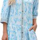 Wenrine Women's Floral Boho Mini Dress 3/4 Long Sleeve V Neck Casual Button Down Shirt Dresses (Blue, S)
