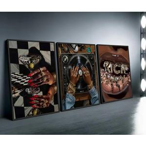 3pcs Black Woman Wall Art African American Women Dj Wall Decor Pictures Fashion Vinyl Record Posters Prints For Bedroom Living Room 12x16 Inch Unframed (12L" x 16W", Canvas)