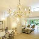 PAPAYA Plug-in 5 Light Gold Crystal Hanging Pendant Lights Acrylic Chandelier with Cord & On/Off Switch H19 D19.7 for Kitchen Island Girls' Room Dining Area Laundry Pavilion