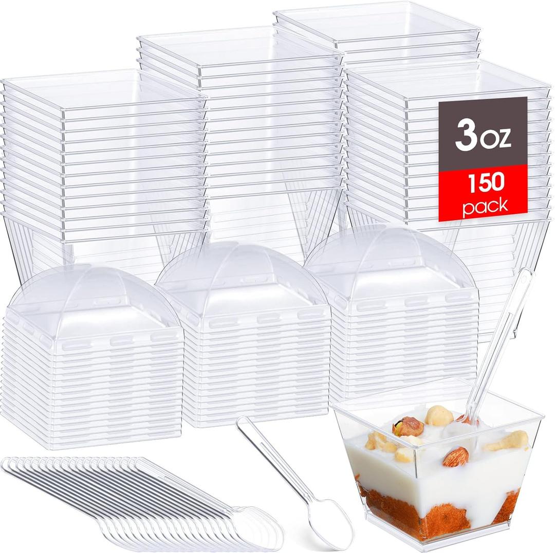 Mimorou 150 Pcs Square Mini Plastic Dessert Cups,3 oz Clear Plastic Parfait Appetizer Cup with Lids and Spoons for Desserts Appetizers Ice Cream Birthday Weddings Anniversaries Party Favors(3 oz)