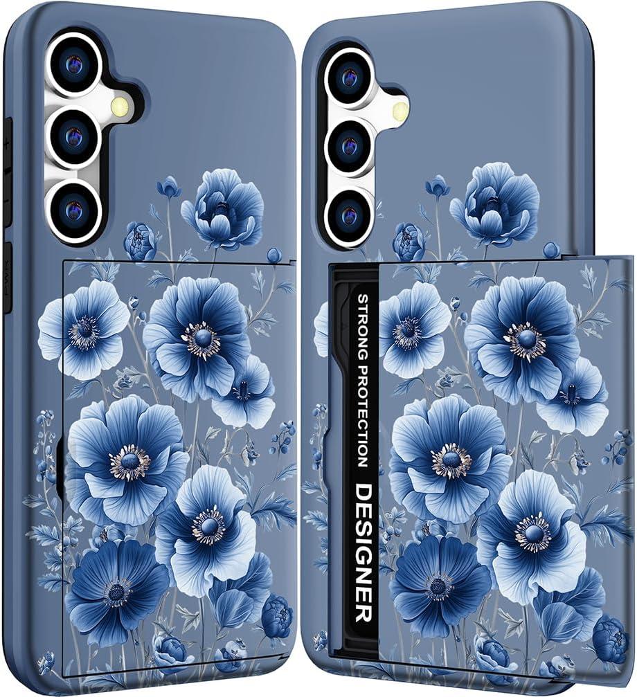 DYZTUNOCA Compatible with Samsung Galaxy S23 Case Wallet Cute for Women with Design,Rugged Credit Card Holder Slot Protective Phone Skin Cases - Blue Navy Floral