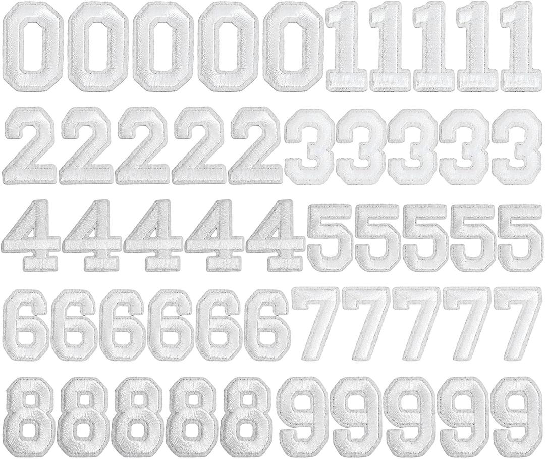 TIESOME 50 Pcs White Iron on Number Patches 0-9, Polyester Embroidered Applique Sew on Numbers for Clothing Fabric Shirts Baseball Football Jeans Hat Socks DIY Accessories