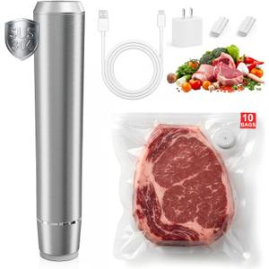 Handheld Vacuum Sealer, 304 Stainless Steel Food Saver Vacuum Sealer Machine with 10 Reusable Bags & Adapter, Cordless Rechargeable Compact Vacuum Sealer for Food, Keep Fresh & Reduce Waste