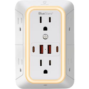 Wall Mount Power Strips Wall Charger 6 Outlet Extender 4 USB Ports (5V, 2.4A, 12W) and Night Light 3-Sided Power Strip with Adapter Spaced Outlets - Multi Plug Outlet Surge Protector for Home Office
