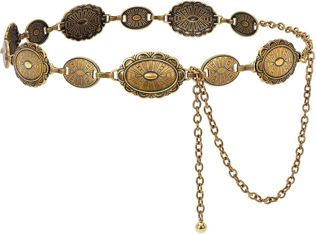 JASGOOD Western Concho Belt Women Cowgirl Metal Belts Boho Waist Link Chain Country Concert Outfit for Dress (Length:59.0"(Fit Waist 39"-45"), Vintage Gold)