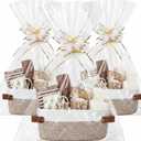 Colingmill 3 Pack Easter Small Woven Basket for Gifts with Handles Clear Bags and Ribbons Empty Storage Basket Decorative Chest Box for Easter Wedding Present (White and Khaki,12"x 8"x 5")