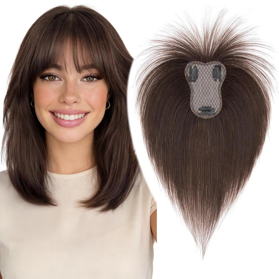 MY-LADY Human Hair Toppers for Women Real Human Hair with Air Bangs Hand-Tied Thin 8 * 11CM Lace Base Light Weight Clip in Remy Hairpieces 10 Inch Dark Brown
