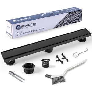 Linear Shower Drain 24 inch Matte Black with 2-in-1 Flat & Tile Insert Cover - 304 Stainless Steel Shower Floor Drain - Linear Drain with Reversible Cover & Hair Catcher - Includes Cleaning Tools