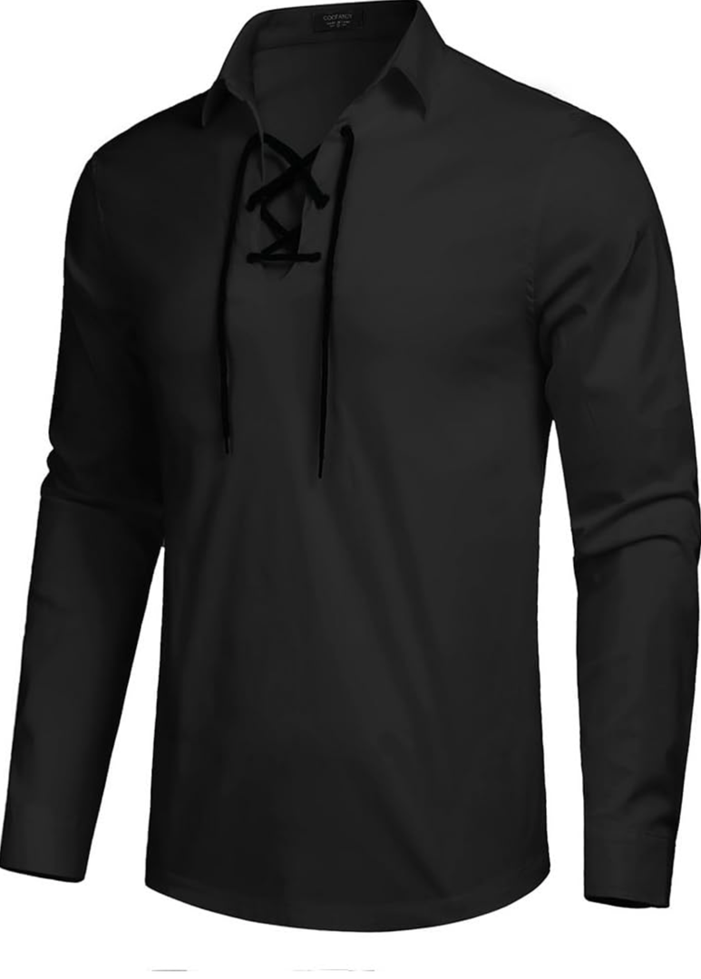 COOFANDY Mens Scottish Jacobite Ghillie Kilt Shirts Medieval Renaissance Pirate Costume Long Sleeve Lace Up Henley Shirt, XL