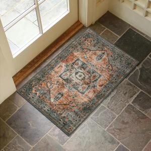Collive Washable Indoor Doormat, Non Slip Retro Floor Mat 20" x 32" Area Rug Quick Absorbent Entrance Rug Distressed Front Door Mat, Welcome Mats Entryway Rug Doormats for Kitchen Home Patio (Orange/Black)