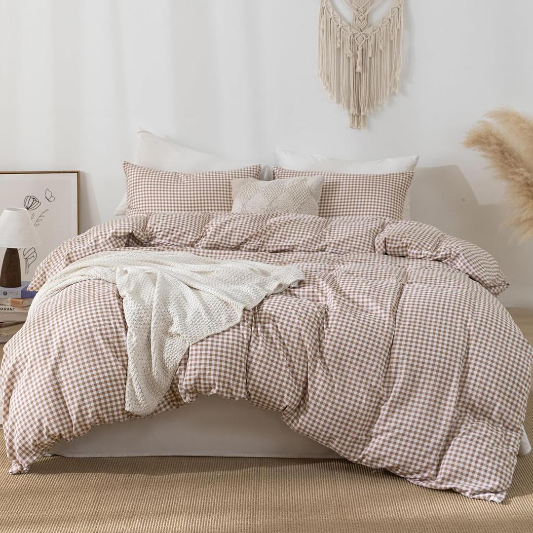 Tan Gingham Duvet Cover Bedding Set Prewashed Extra Soft Comfy Breathable 3 Piece Brown Plaid Checkered Grid Vintage Comforter Cover Set Cute Aesthetic (Queen 90"x90", No Comforter)