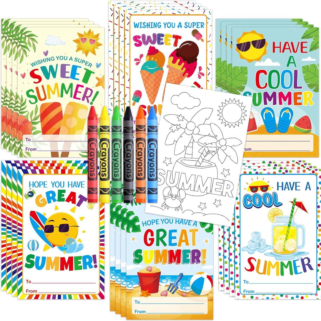 Fancy Land End of Year Students Gifts from Teacher 24 Sets Have a Great Summer Postcards Color Your Own Summer Cards and Crayons Bulk for Kids Preschool Classroom Art Projects Party Favor Supplies